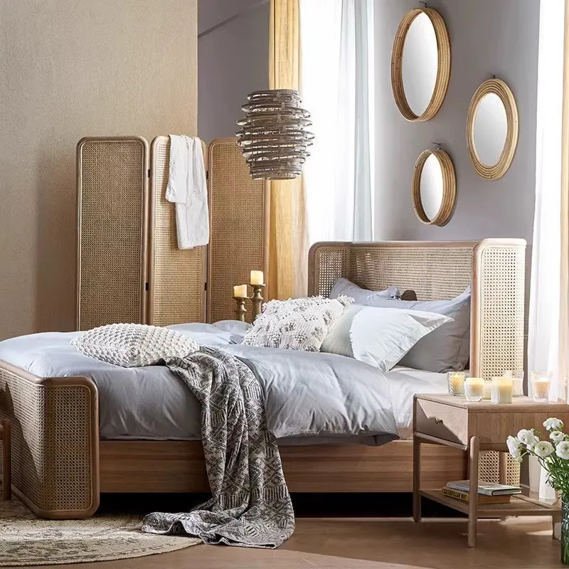 Japanese-style rattan bed ash wood wabi sabi wind master bedroom solid wood bed ins retro bed homestay Nordic 1.8 meters double 
Japanese-style rattan bed ash wood wabi sabi wind master bedroom solid wood bed ins retro bed homestay Nordic 1.8 meters double