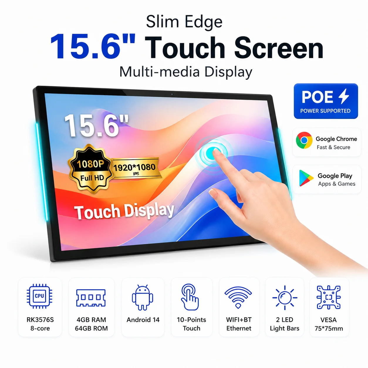 15.6" Wall-Mounted Android 14 Touchscreen Tablet, RK3576S Octa-Core, 1080P FHD IPS Display, PoE, WiFi/Ethernet, 4GB+64GB
15.6" Wall-Mounted Android 14 Touchscreen Tablet, RK3576S Octa-Core, 1080P FHD IPS Display, PoE, WiFi/Ethernet, 4GB+64GB