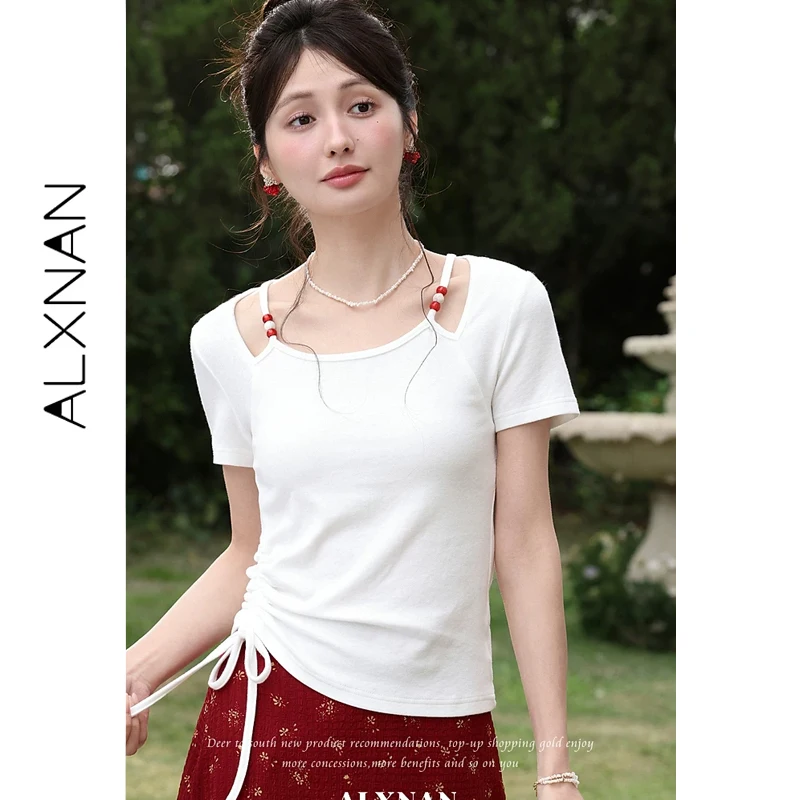 ALXNAN White T-shirt French Square Neck Irregular Short Sleeve T-shirts Women Summer New Drawstring Pleated Tops Ladies L632126
ALXNAN White T-shirt French Square Neck Irregular Short Sleeve T-shirts Women Summer New Drawstring Pleated Tops Ladies L632126