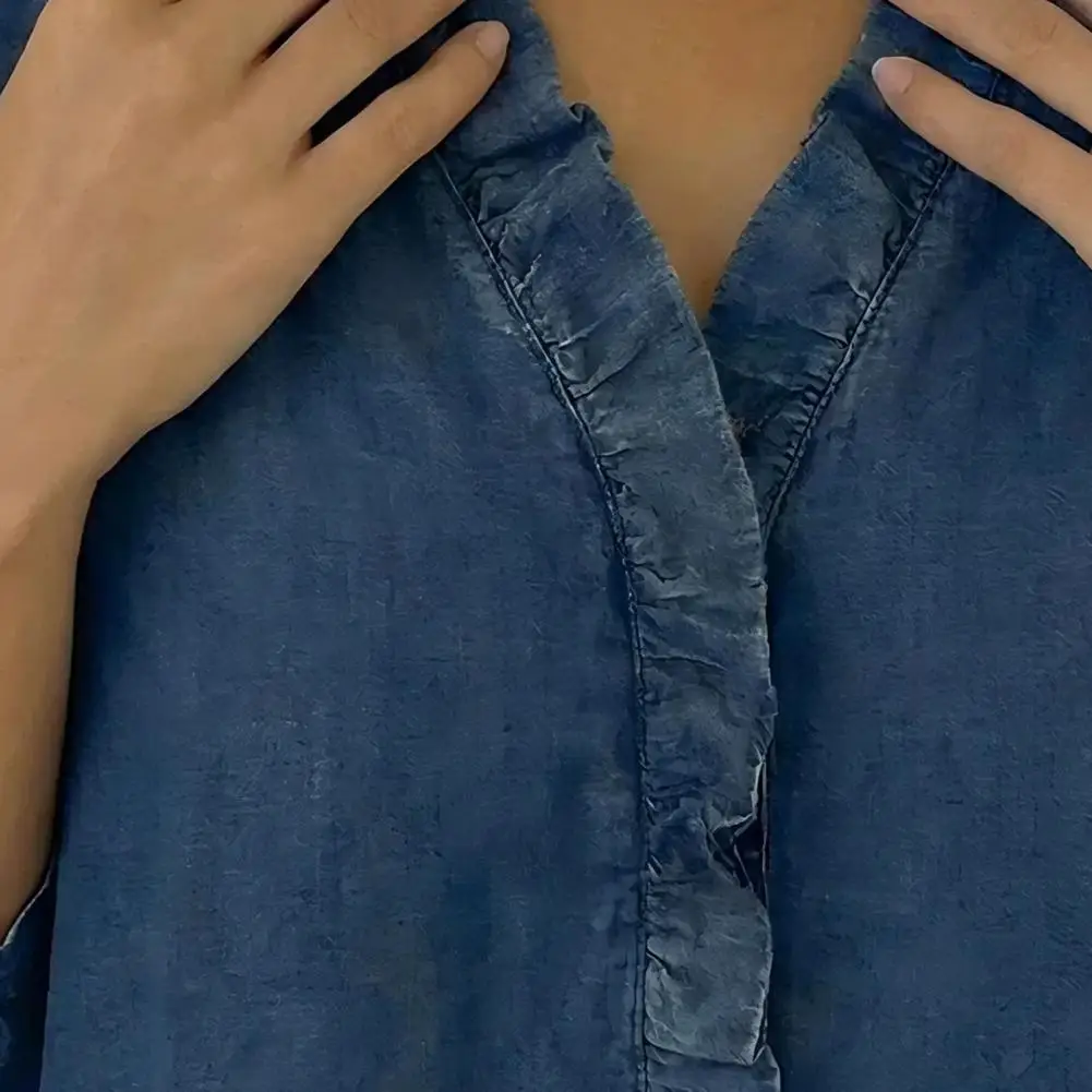 Women Tops V-Neck 3/4 Sleeve Ruffle Trim Shirt Tops Loose Fit Pure Color Casual Imitation Denim Shirt Tops Daily Wear
Women Tops V-Neck 3/4 Sleeve Ruffle Trim Shirt Tops Loose Fit Pure Color Casual Imitation Denim Shirt Tops Daily Wear