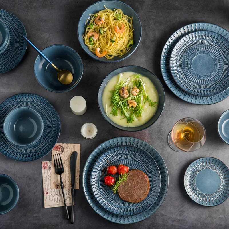 Ancient domain ceramic bowl, ceramic steak plate, soup bowl, simple kiln glaze embossed rice bowl, dish plate, cutlery set
Ancient domain ceramic bowl, ceramic steak plate, soup bowl, simple kiln glaze embossed rice bowl, dish plate, cutlery set