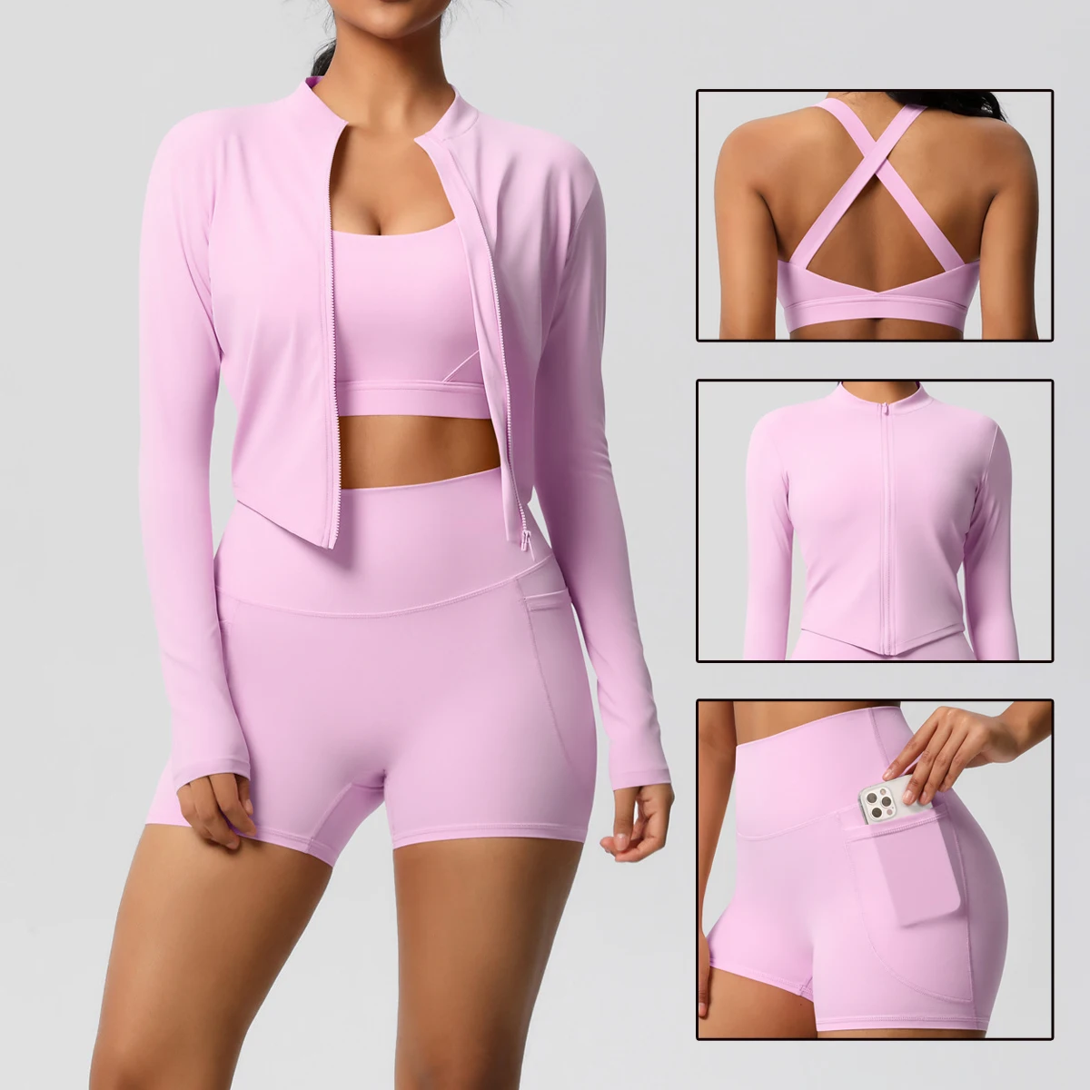 3-х предметное однотонное пальто для йоги, бюстгальтер с карманами и шортами, тонкая куртка на молнии для бега, топ для тренировок в тренажерном зале, шорты для фитнеса с эффектом пуш-ап, комплект для йоги
3-х предметное однотонное пальто для йоги, бюстгальтер с карманами и шортами, тонкая куртка на молнии для бега, топ для тренировок в тренажерном зале, шорты для фитнеса с эффектом пуш-ап, комплект для йоги