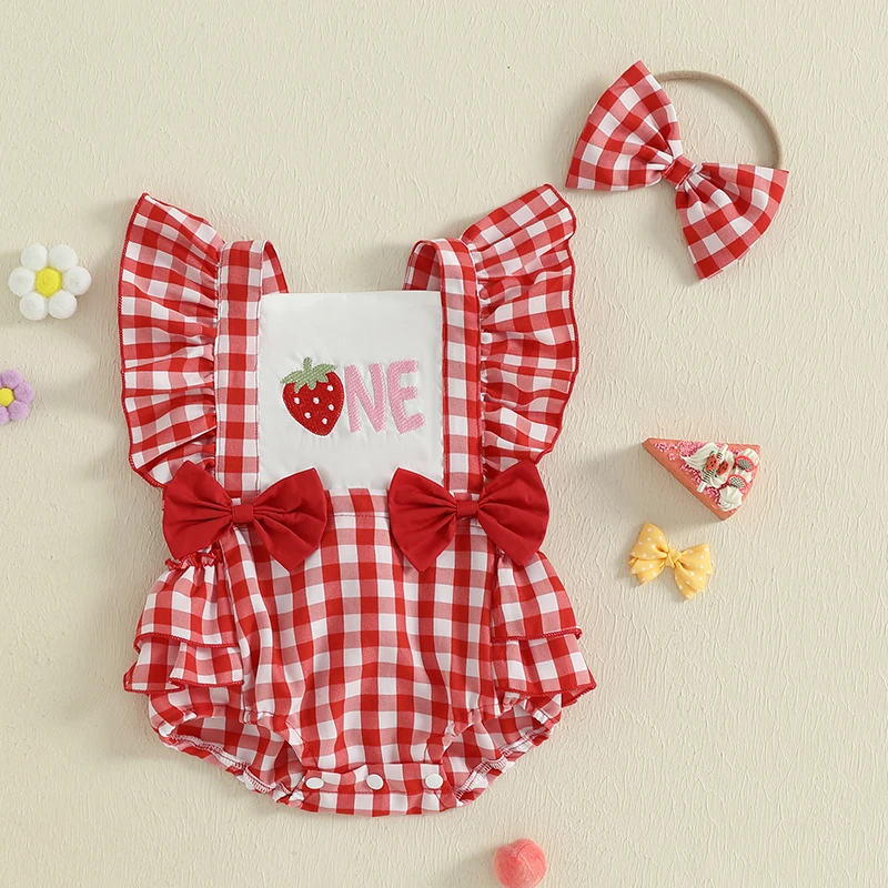 Baby Girls Birthday Romper Summer Casual Plaid Print Fruit Embroidery Fly Sleeves Jumpsuit and Headband Set
Baby Girls Birthday Romper Summer Casual Plaid Print Fruit Embroidery Fly Sleeves Jumpsuit and Headband Set