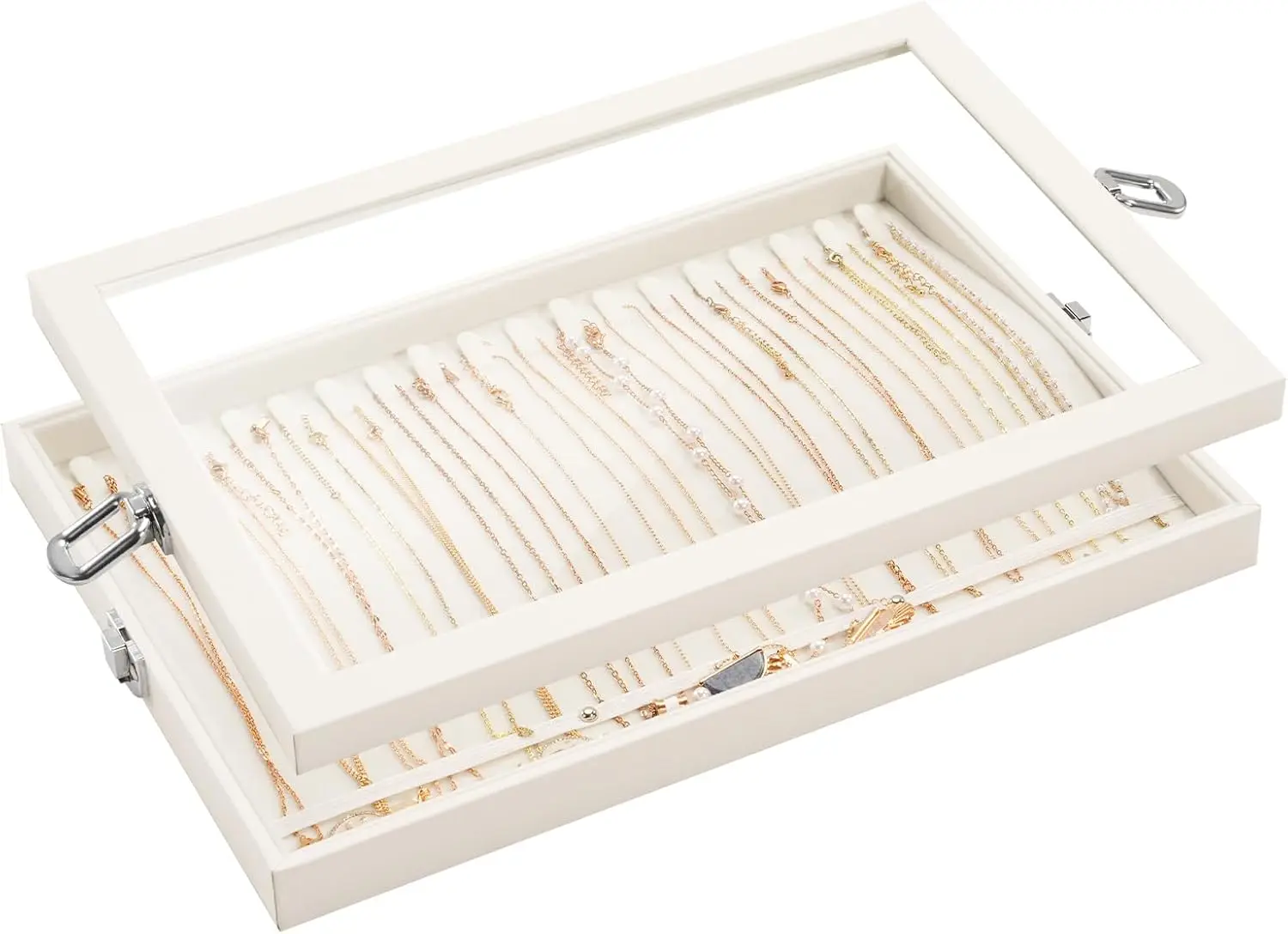 Jewelry Organizer Tray with Lid, 18 Hooks Velvet Necklace Organizer Holder Storage Box for Drawer -Beige
Jewelry Organizer Tray with Lid, 18 Hooks Velvet Necklace Organizer Holder Storage Box for Drawer -Beige