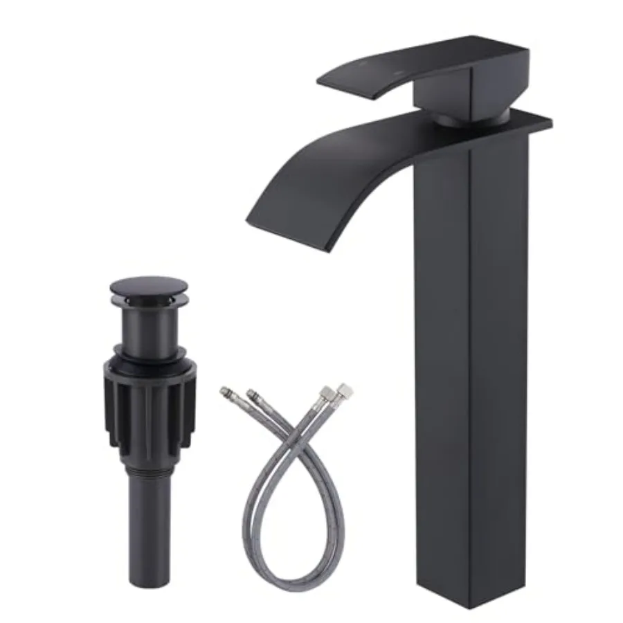 Bathroom vessel sink faucet: matte black single-hole tall waterfall faucet with single handle pop-up drain and cUPC supply line
Bathroom vessel sink faucet: matte black single-hole tall waterfall faucet with single handle pop-up drain and cUPC supply line