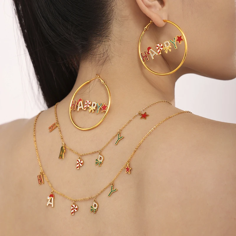 2025New stainless steel Christmas season earrings set with dazzling zirconia enamel colorful glaze 'HAPPY'. Women's Gifts
2025New stainless steel Christmas season earrings set with dazzling zirconia enamel colorful glaze 'HAPPY'. Women's Gifts