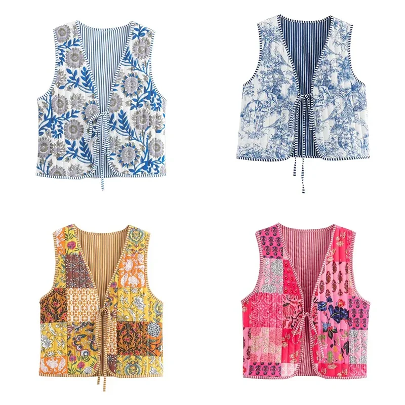 Women Vintage Lace Up Vest Sleeveless Patchwork Floral Print Quilted Cotton Vest Jacket Ladies Retro Slim Waistcoat Tops
Women Vintage Lace Up Vest Sleeveless Patchwork Floral Print Quilted Cotton Vest Jacket Ladies Retro Slim Waistcoat Tops