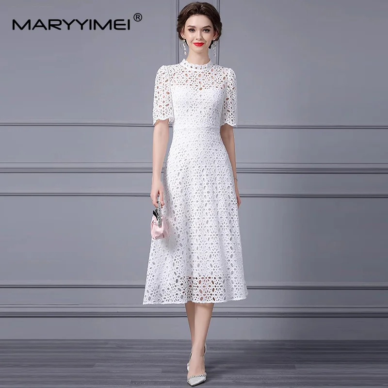 MARYYIMEI Solid Short sleeve Slim Dress For Women's Stand collar Lace Hollow Out Summer Fashion A-Line Dresses
MARYYIMEI Solid Short sleeve Slim Dress For Women's Stand collar Lace Hollow Out Summer Fashion A-Line Dresses