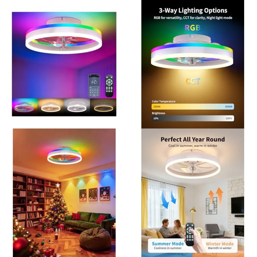RGB Ceiling Fan with Lights, low profile ceiling fans with lights and remote, Flush Mount LED Fan Light, Modern Bladeless Fande
RGB Ceiling Fan with Lights, low profile ceiling fans with lights and remote, Flush Mount LED Fan Light, Modern Bladeless Fande