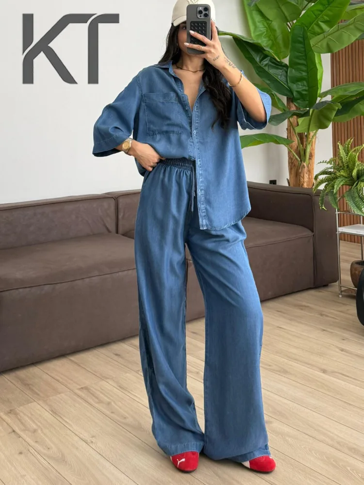 KT Casual Denim Two Piece Set For Women Half Sleeve Button Down Shirt & Elastic Waist Wide Leg Pants Daily & Streetwear Suits
KT Casual Denim Two Piece Set For Women Half Sleeve Button Down Shirt & Elastic Waist Wide Leg Pants Daily & Streetwear Suits
