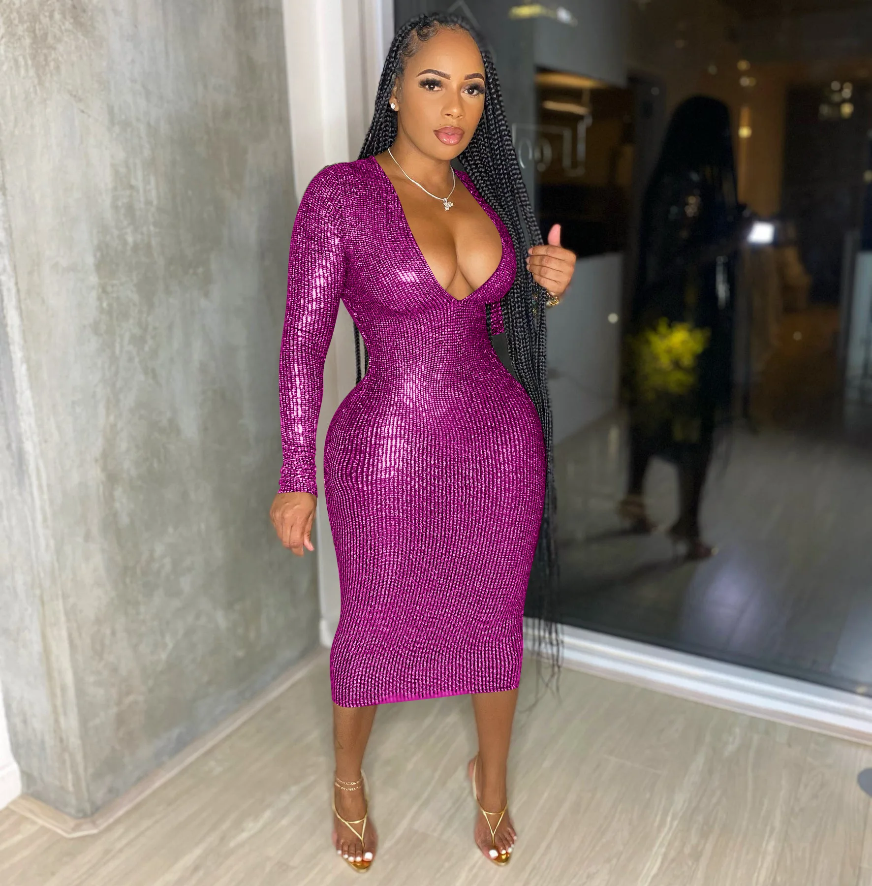 Women's Sexy Deep V Neck Sequin Glitter Bodycon Stretchy Long Sleeve Midi Party Club Dress
Women's Sexy Deep V Neck Sequin Glitter Bodycon Stretchy Long Sleeve Midi Party Club Dress
