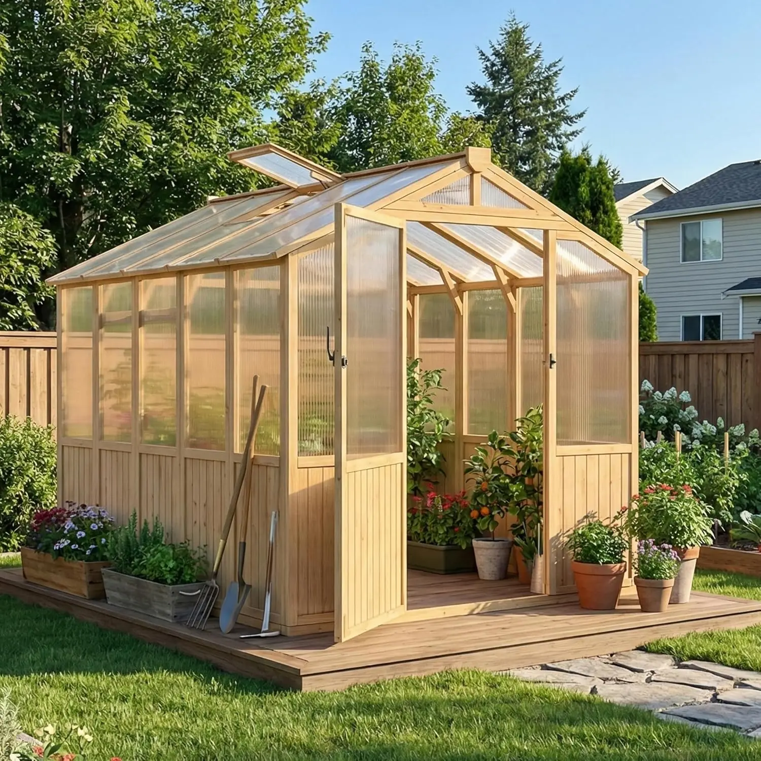 6x8 FT Wood Greenhouse for Outdoors Reinforced Frame Walk-in Greenhouses with Adjustable Roof Vents & Lockable Door, Customized
6x8 FT Wood Greenhouse for Outdoors Reinforced Frame Walk-in Greenhouses with Adjustable Roof Vents & Lockable Door, Customized