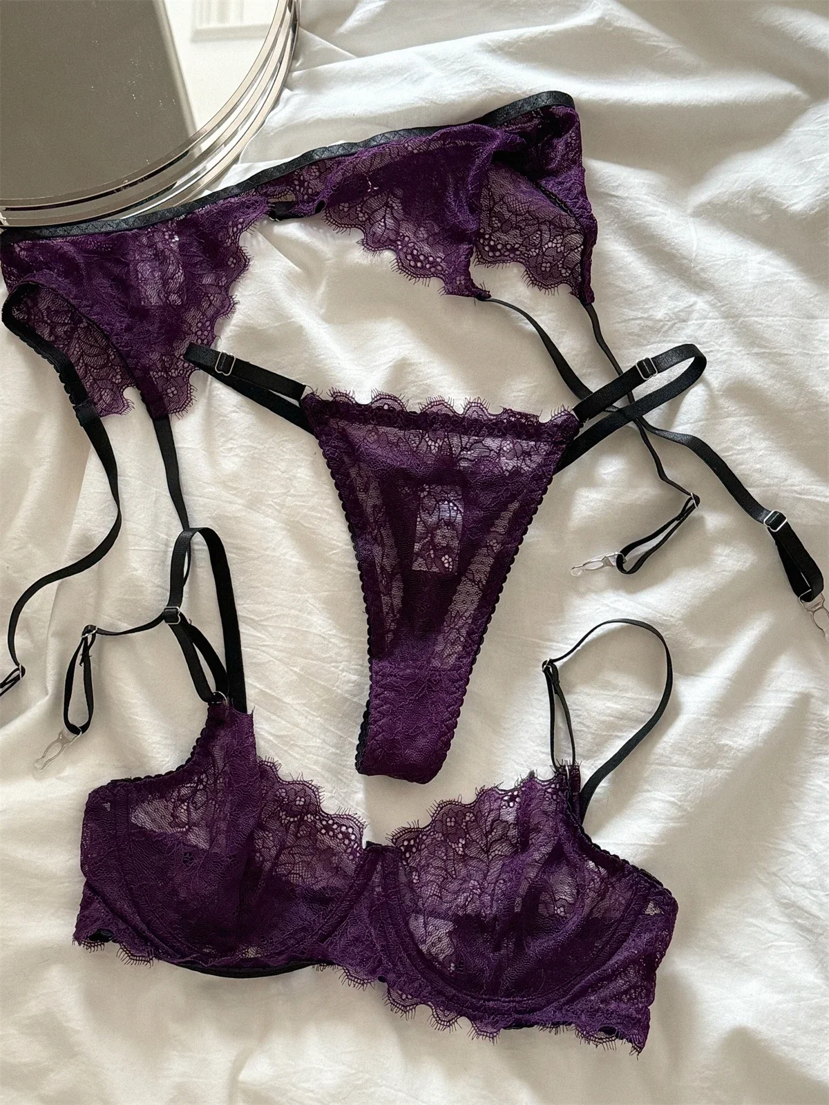 Purple romantic lingerie sexy gathered thin lace women underwear push up cup lace sexy upturned breathable lingerie set
Purple romantic lingerie sexy gathered thin lace women underwear push up cup lace sexy upturned breathable lingerie set