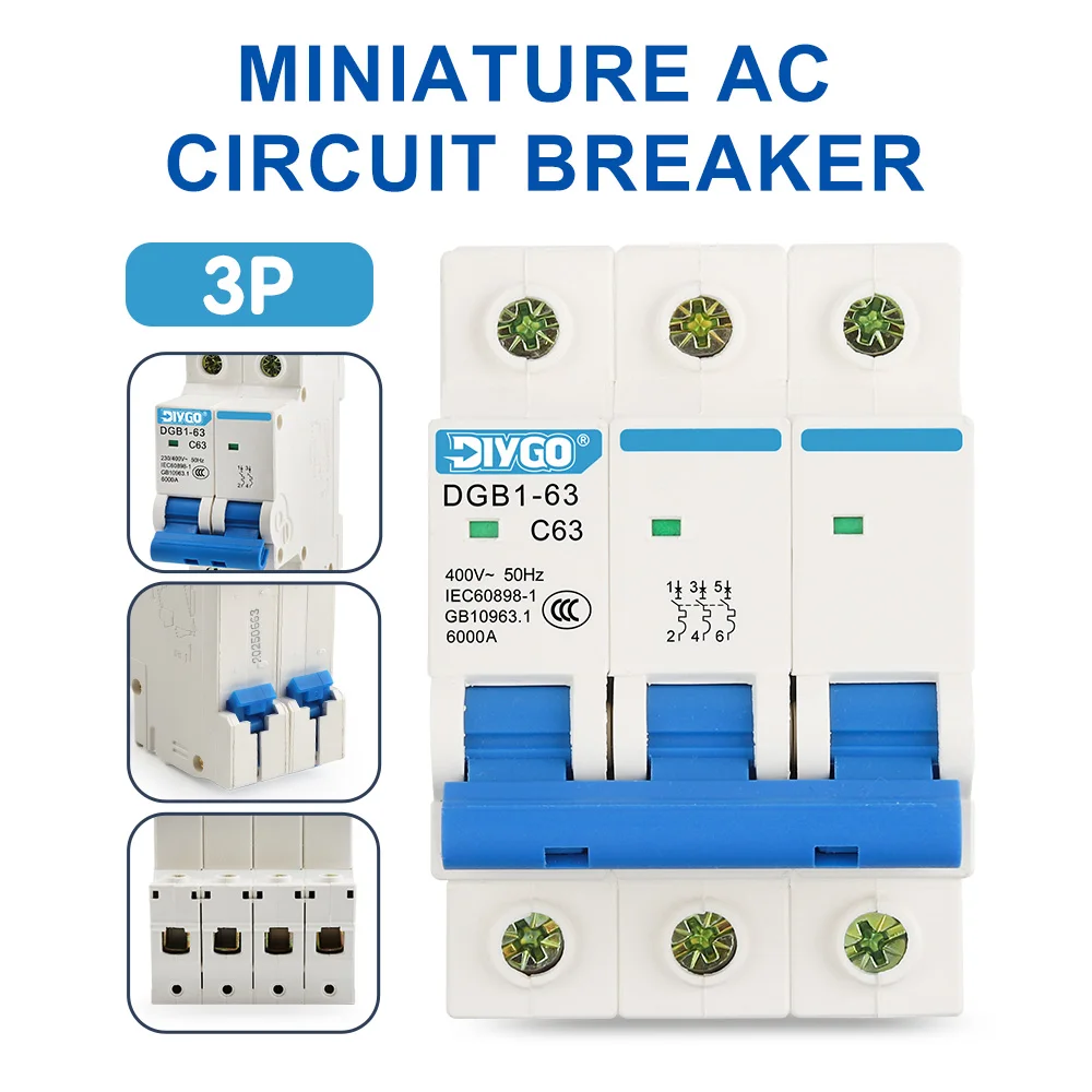 3P Household AC MCB DGB1-63 C Type 230/400V~50hz/60Hz Mini Circuit Breaker Switch With Indication 6/10/16/20/25/32/40/50/63A
3P Household AC MCB DGB1-63 C Type 230/400V~50hz/60Hz Mini Circuit Breaker Switch With Indication 6/10/16/20/25/32/40/50/63A