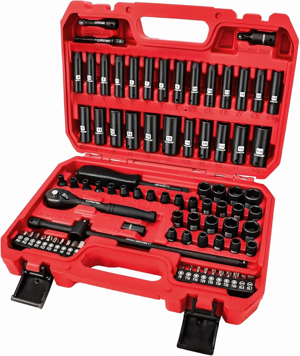 1/4 inch Drive Impact Socket Set 83 Piece,Standard SAE(5/32-9/16 inch) Metric Size(4-15mm),72T Ratchet Wrench Handle,CR-V
1/4 inch Drive Impact Socket Set 83 Piece,Standard SAE(5/32-9/16 inch) Metric Size(4-15mm),72T Ratchet Wrench Handle,CR-V