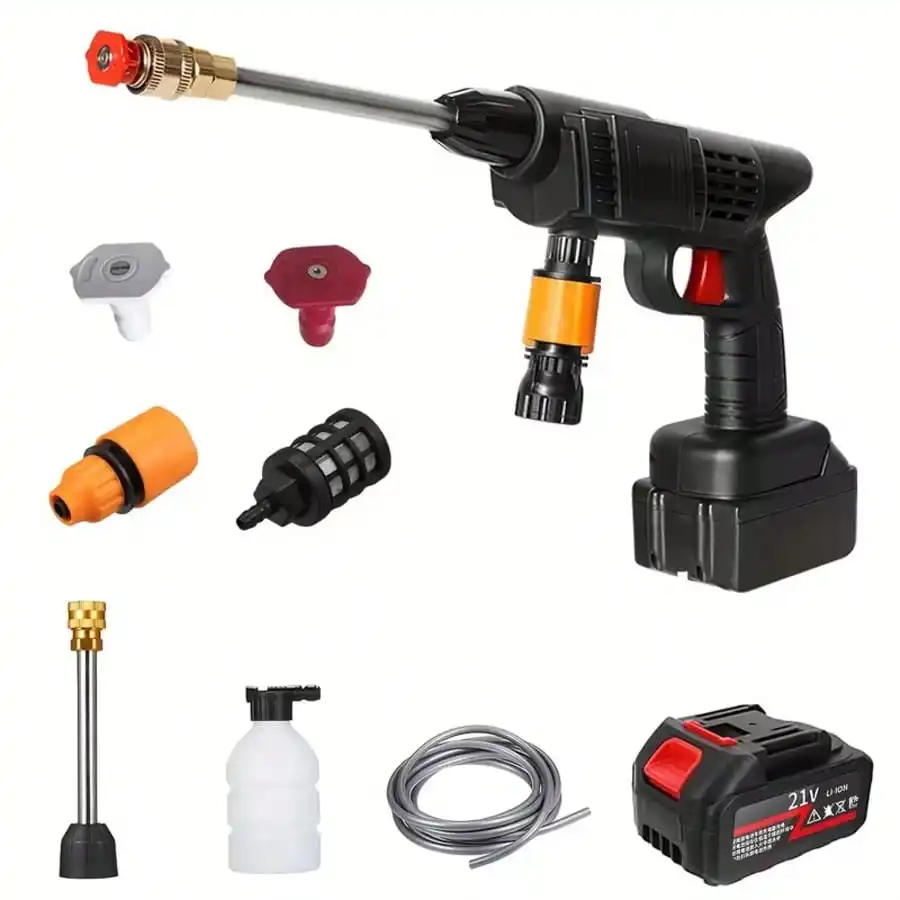 21V Portable Cordless Pressure Washer With Dual Batteries 6 In 1 Multifunctional Nozzle Built In Soap Container Complete Accessories Rechargeable Electric Water Gun For Car Home Garden Outdoor Cleaning Tools
21V Portable Cordless Pressure Washer With Dual Batteries 6 In 1 Multifunctional Nozzle Built In Soap Container Complete Accessories Rechargeable Electric Water Gun For Car Home Garden Outdoor Cleaning Tools