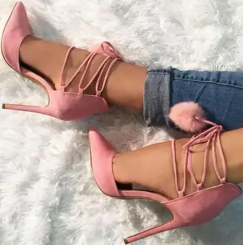 Sweet Women Pink Suede Pointed Toe Shallow Hollow Cross Tied Lace Up Ball Fur Thin Heels Pumps Female High Heel Sandals Shoes
Sweet Women Pink Suede Pointed Toe Shallow Hollow Cross Tied Lace Up Ball Fur Thin Heels Pumps Female High Heel Sandals Shoes