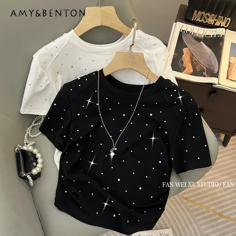 2024 Summer New Fashion Heavy Embroidery Hot Drilling Pleated Short T-shirt Casual Slim Round Neck Short Sleeve Shirts for Women
2024 Summer New Fashion Heavy Embroidery Hot Drilling Pleated Short T-shirt Casual Slim Round Neck Short Sleeve Shirts for Women