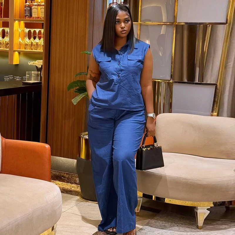 New Fashion Women 2 Piece Set Outfit Trendy Summer Blue Sleeveless Top and Trouser Ladies Casual Suit Pants Set
New Fashion Women 2 Piece Set Outfit Trendy Summer Blue Sleeveless Top and Trouser Ladies Casual Suit Pants Set