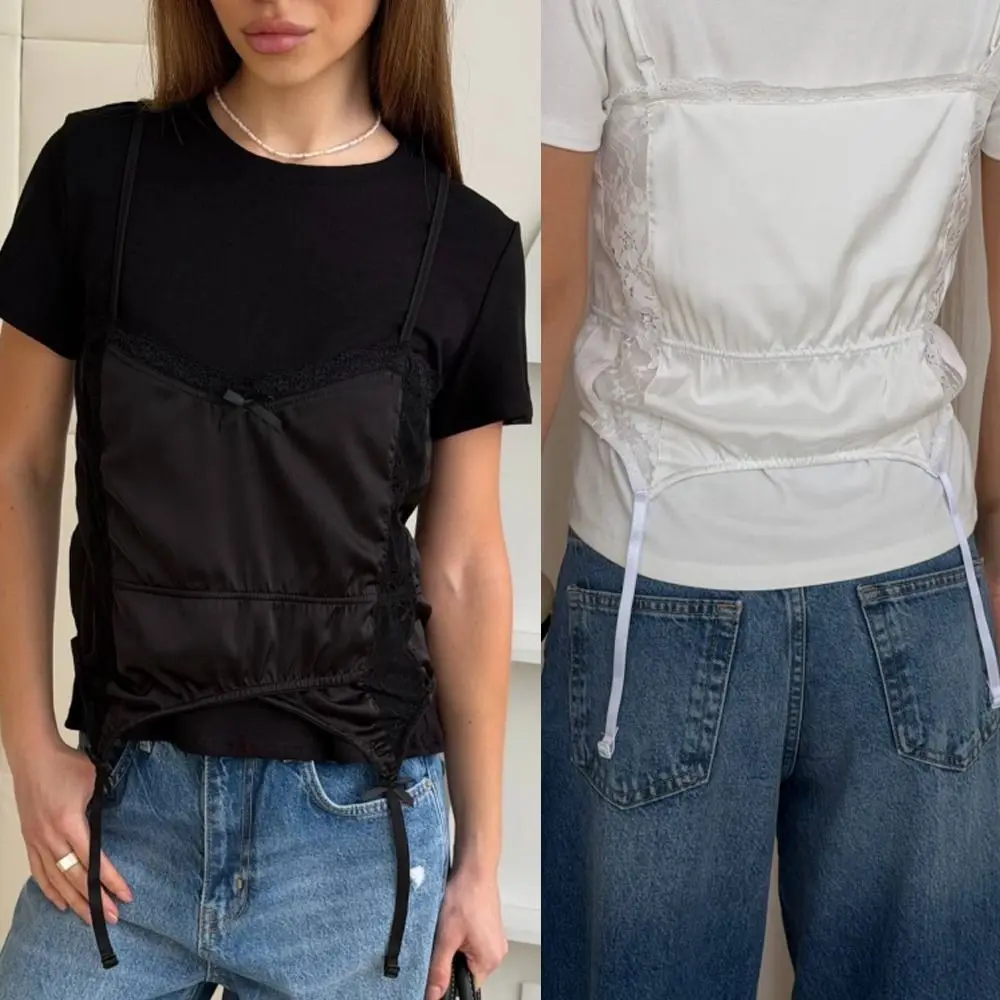 Satin Paneled Lace Short Sleeve Layered Camisole Detail Drawstring Waist Layered Camisole Tee Round Neck Casual Fashion
Satin Paneled Lace Short Sleeve Layered Camisole Detail Drawstring Waist Layered Camisole Tee Round Neck Casual Fashion