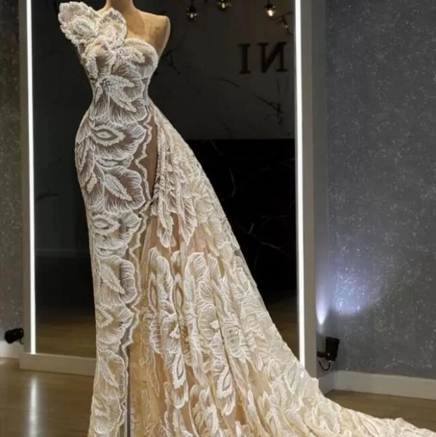 Evening Party Dresses Long One shoulder Lace Pearls Mermaid Jenner Custom Champagne Mermaid Cocktail Gown LB22127
Evening Party Dresses Long One shoulder Lace Pearls Mermaid Jenner Custom Champagne Mermaid Cocktail Gown LB22127
