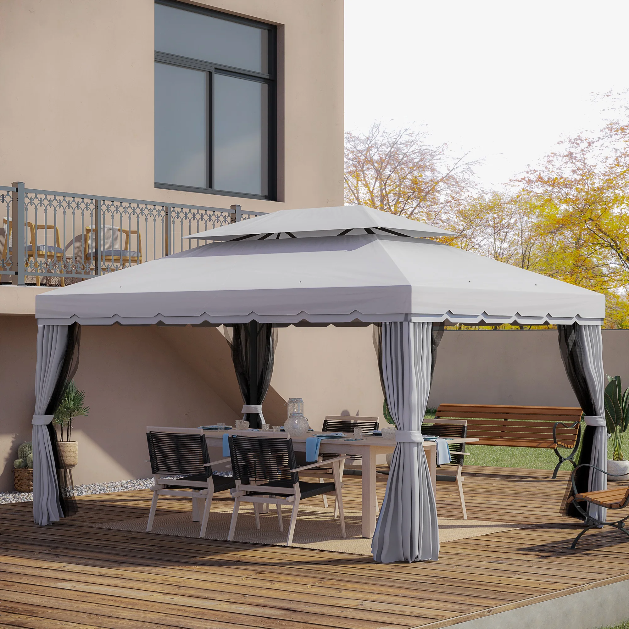 10' x 13' Patio Gazebo, Aluminum, Mesh Netting, 2 Tier Polyester Roof Light Gray
10' x 13' Patio Gazebo, Aluminum, Mesh Netting, 2 Tier Polyester Roof Light Gray