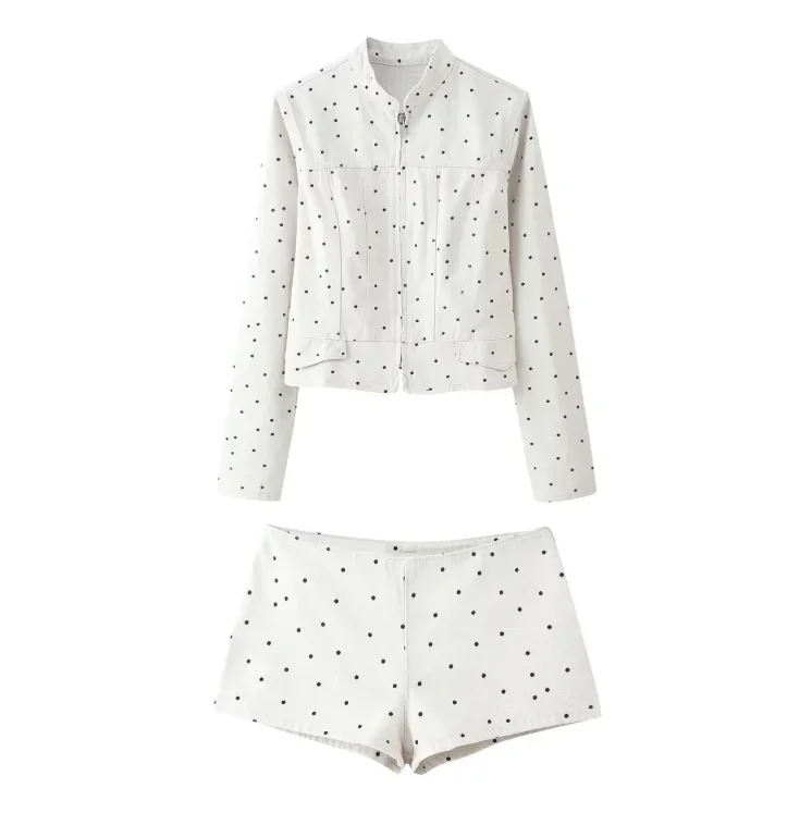 Women's White Polka Dot Zip Up Short Jacket Shorts Set Casual Long Sleeve Coats 2 Piece Sets Trendy Lady Summer Holiday Outfit
Women's White Polka Dot Zip Up Short Jacket Shorts Set Casual Long Sleeve Coats 2 Piece Sets Trendy Lady Summer Holiday Outfit