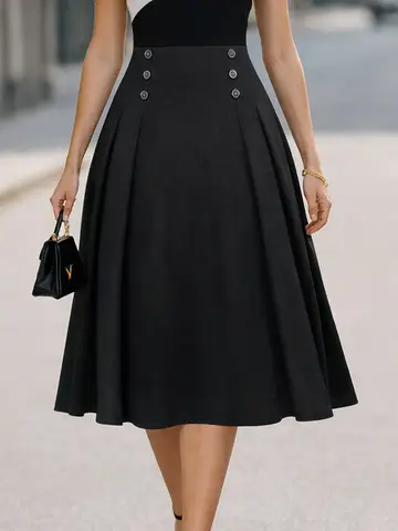 Women Elegant High Waist A Line Midi Skirt Pleated Flare Skirt Button Detail Solid Color Casual Office Work Party Chic Outfit