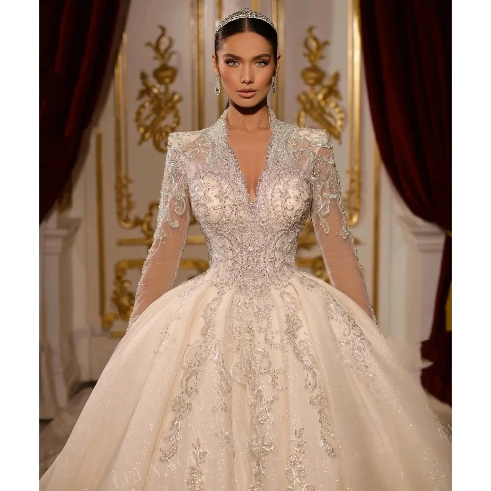 Ball Gown Wedding Dress V-neck Appliques Beaded Vintage Princess Bride Gown Long Sleeve Vestido de noiva Customized
Ball Gown Wedding Dress V-neck Appliques Beaded Vintage Princess Bride Gown Long Sleeve Vestido de noiva Customized