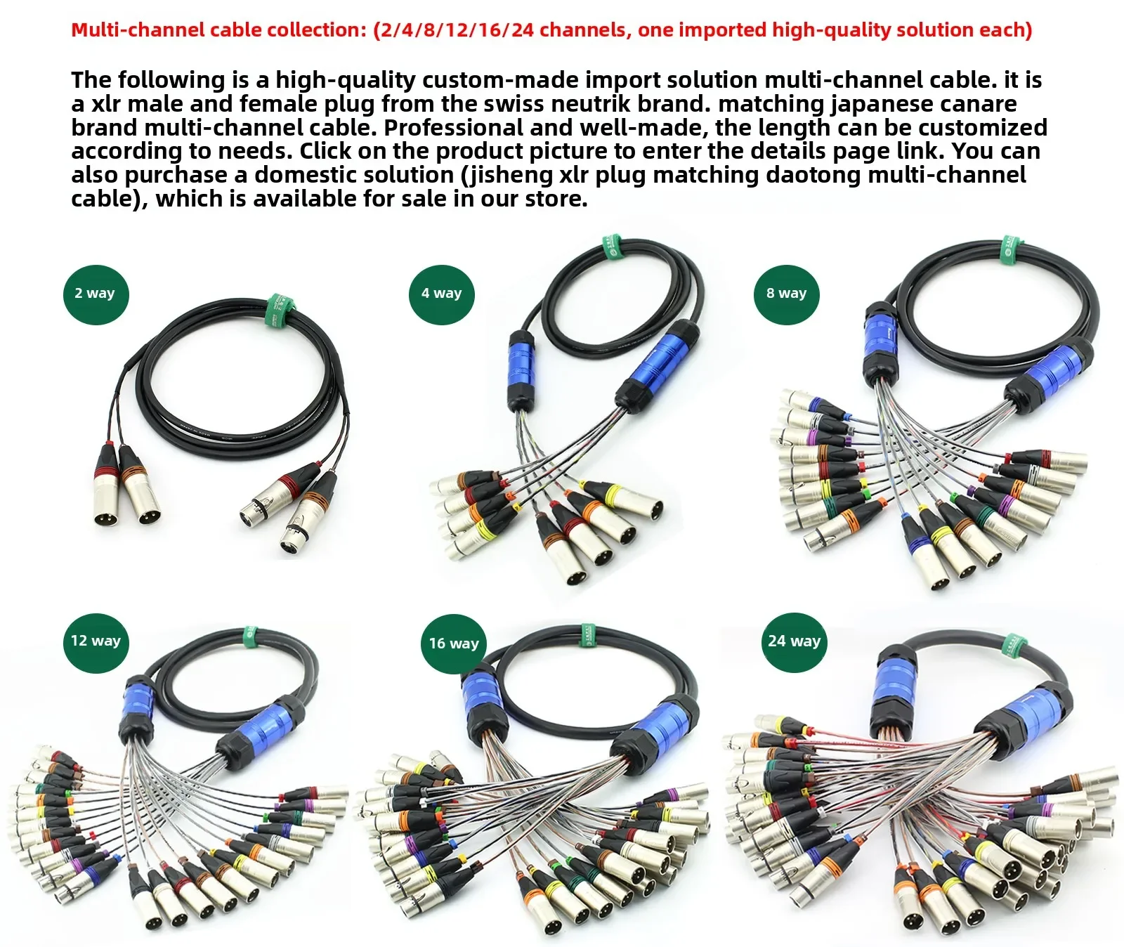 CANARE Multicore Cable 2/4/6/8/12/16/24 snake Line with NEUTRIK 3 Pole XLR Plugs Multi-Channel Stage Mobile Mixer Audio cable
CANARE Multicore Cable 2/4/6/8/12/16/24 snake Line with NEUTRIK 3 Pole XLR Plugs Multi-Channel Stage Mobile Mixer Audio cable