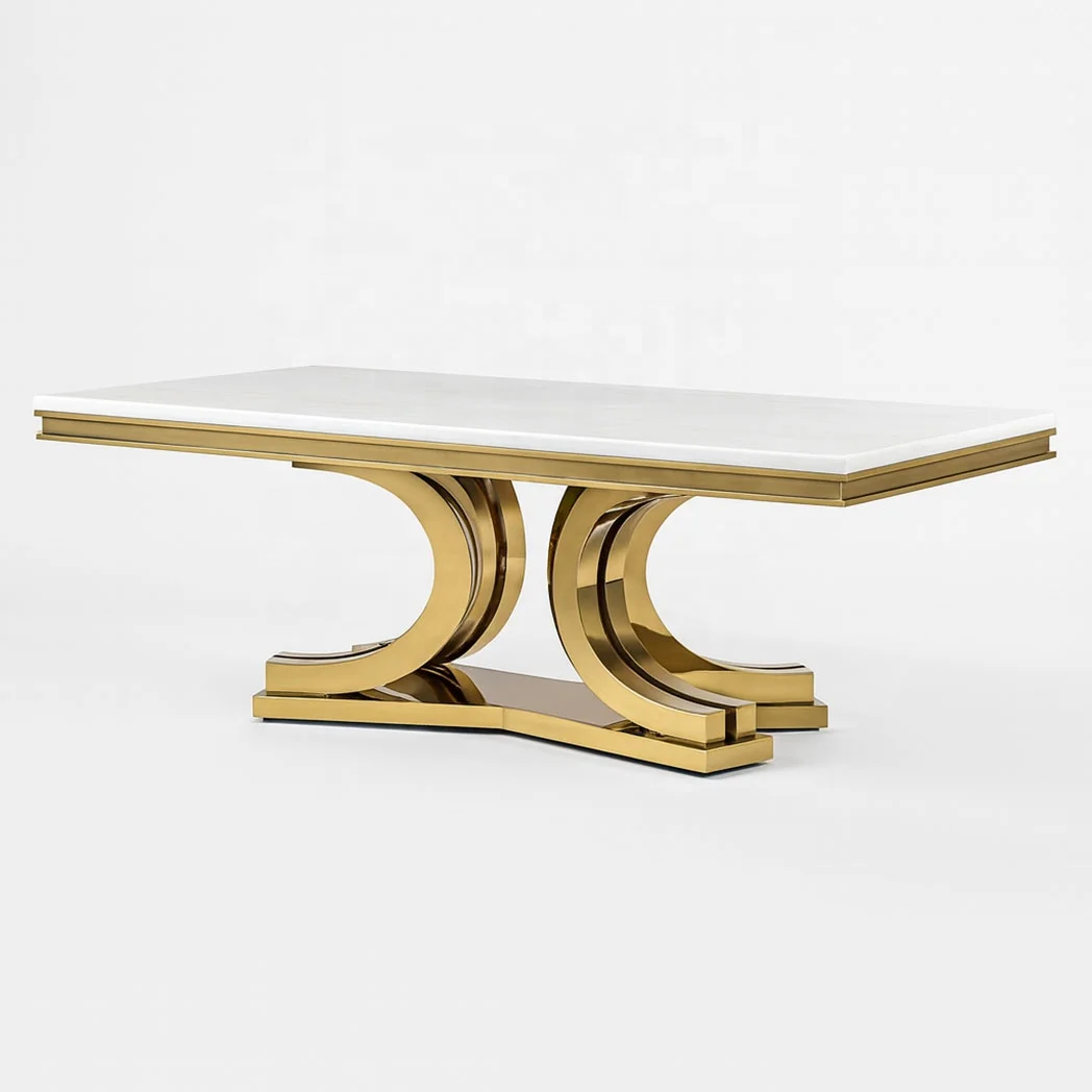 io-Aurora Arc Gold Dining Table Set White Marble Top Mirror Stainless Steel Base for Hotel and Banquet Use^
io-Aurora Arc Gold Dining Table Set White Marble Top Mirror Stainless Steel Base for Hotel and Banquet Use^