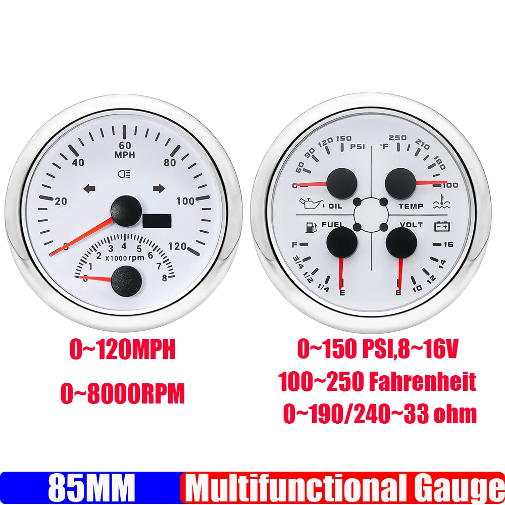 Red Light 240-33 OHM Fuel Level/Water Temp/Oil Pressure/Volt 85mm 4in1 Gauge Tachometer+GPS Speedometer with Turn Light 12V24V
Red Light 240-33 OHM Fuel Level/Water Temp/Oil Pressure/Volt 85mm 4in1 Gauge Tachometer+GPS Speedometer with Turn Light 12V24V