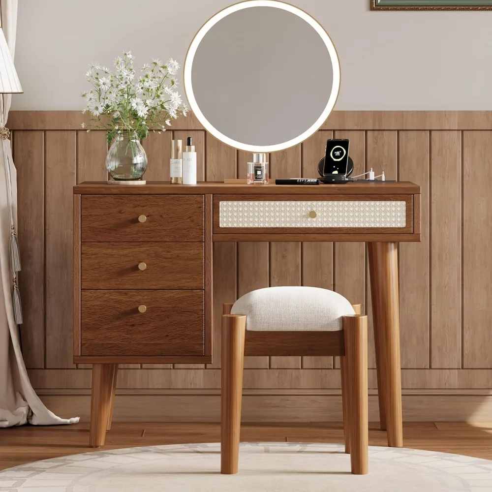39" Retro Bohemian Style Makeup Vanity Set with Charging Plug and USB Port, Wooden Dressing Table with 4 Drawers, Walnut
39" Retro Bohemian Style Makeup Vanity Set with Charging Plug and USB Port, Wooden Dressing Table with 4 Drawers, Walnut