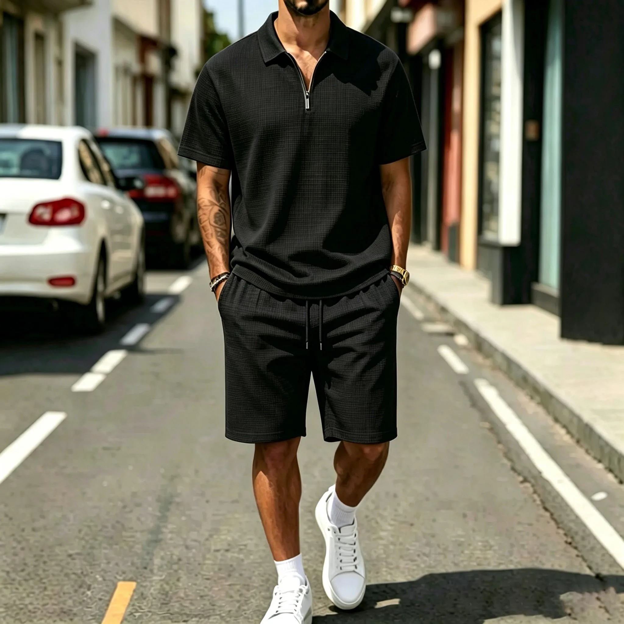 Men's Summer Tracksuit, Collar Half-Zip Tee and Elastic Waist Drawstring Casual Shorts
Men's Summer Tracksuit, Collar Half-Zip Tee and Elastic Waist Drawstring Casual Shorts