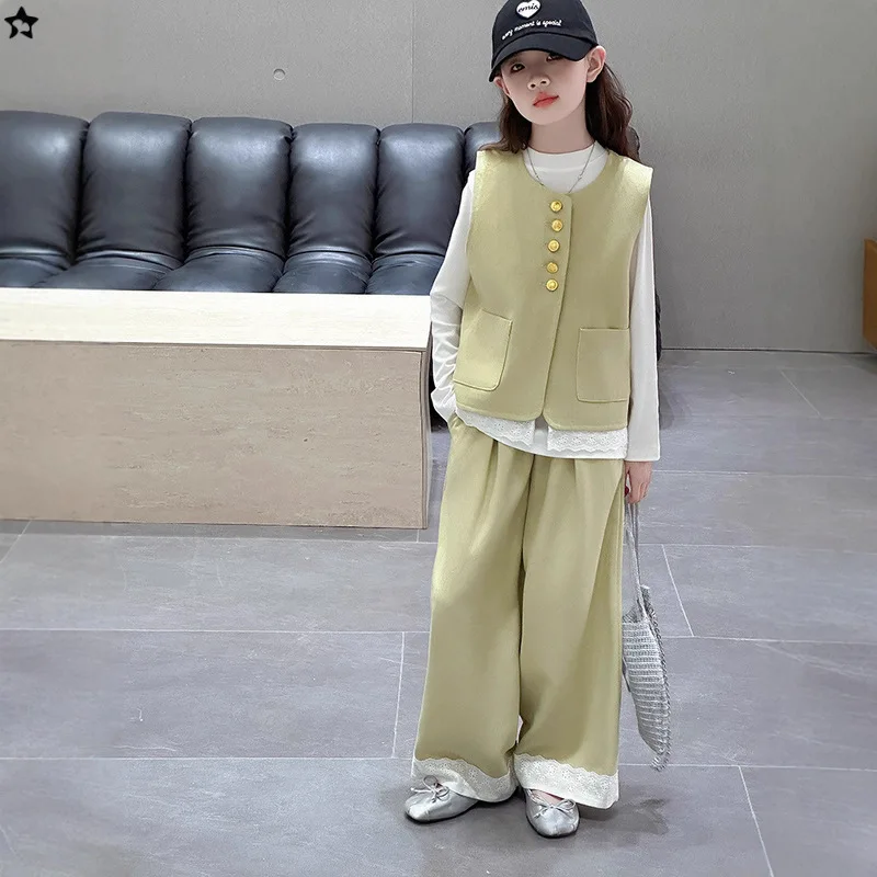 Autumn Kids Girls 3pcs Sets Round Neck T-shirt+Single-breasted Vest+Elastic Waist Pant Children Girls Suits 4-14Y Girls Outfit
Autumn Kids Girls 3pcs Sets Round Neck T-shirt+Single-breasted Vest+Elastic Waist Pant Children Girls Suits 4-14Y Girls Outfit