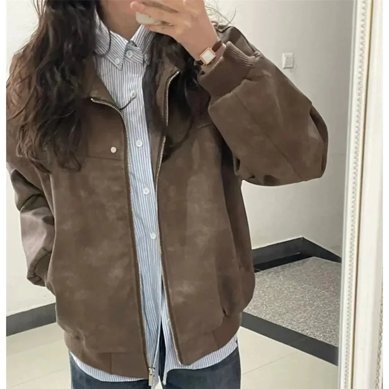 Female Flip Collar Long Sleeves Leisure Jacket Spring Autumn Lady Fashion Zipper Coat Retro Women Lmitation Suede Lined Outwear
Female Flip Collar Long Sleeves Leisure Jacket Spring Autumn Lady Fashion Zipper Coat Retro Women Lmitation Suede Lined Outwear
