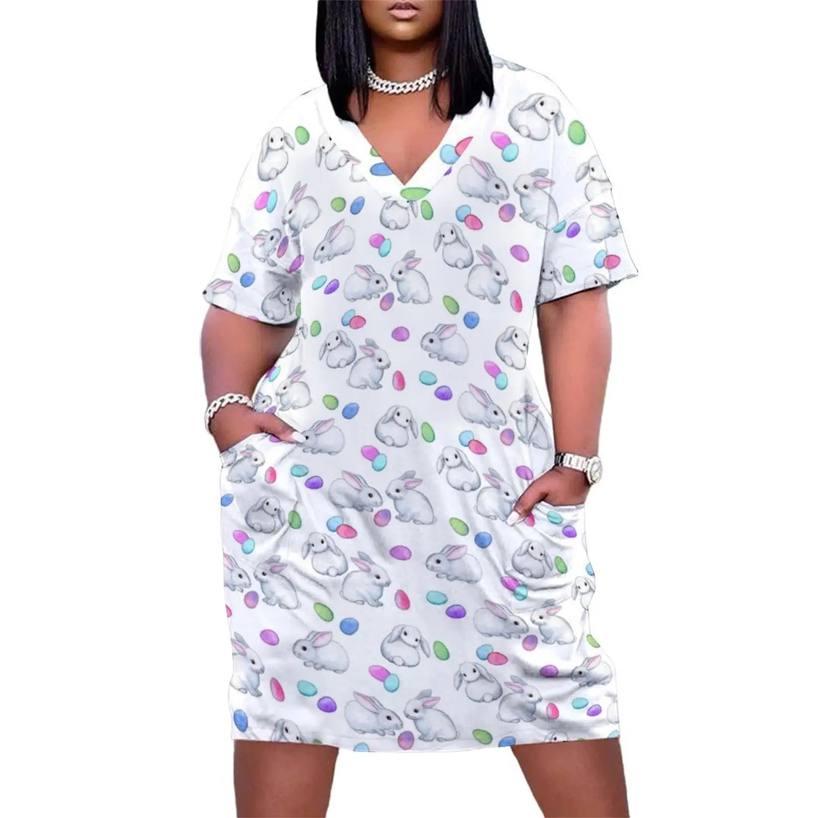 Easter Bunnies with Rainbow Pastel Eggs on white Loose Pocket Dress long dresses for women Summer dresses for women
Easter Bunnies with Rainbow Pastel Eggs on white Loose Pocket Dress long dresses for women Summer dresses for women