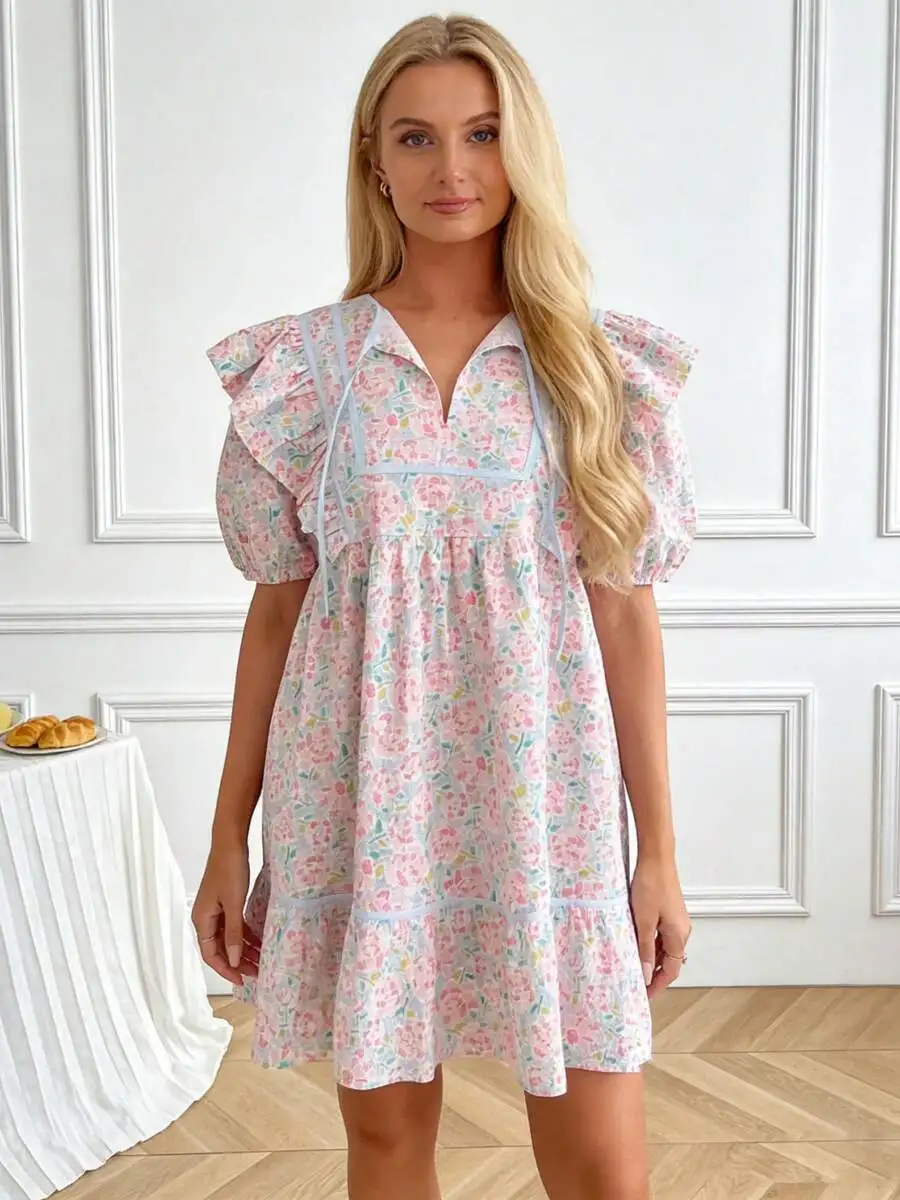 Women Floral Mini Dress With Ruffle Trim V Neck Puff Sleeve A Line Sundress Summer Casual Loose Fit
Women Floral Mini Dress With Ruffle Trim V Neck Puff Sleeve A Line Sundress Summer Casual Loose Fit