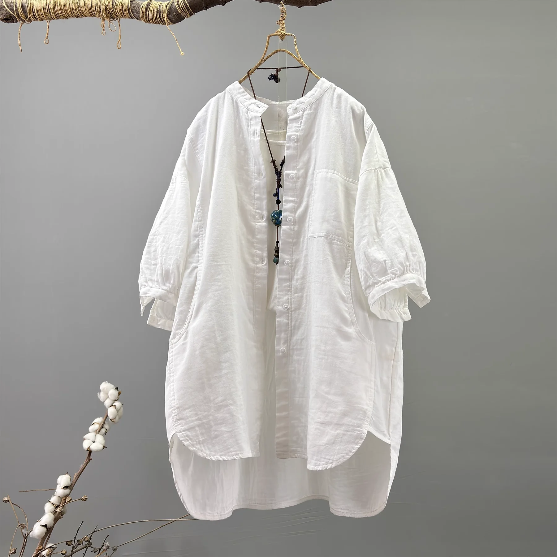 2025 Cotton yarn large size tops for women summer stand collar long sleeve solid shirts and blouses plus size tops
2025 Cotton yarn large size tops for women summer stand collar long sleeve solid shirts and blouses plus size tops
