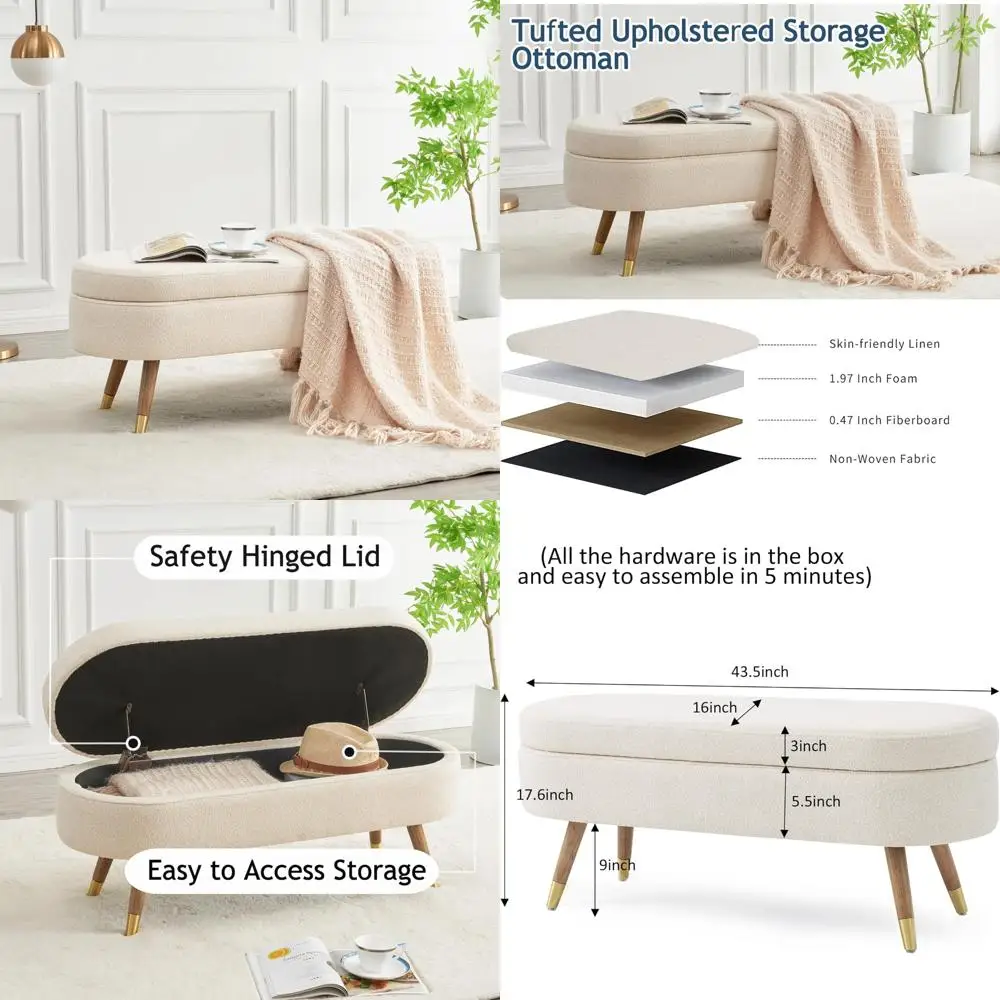 Upholstered Oval Storage Bench with Boucle Fabric and Golden Metal Legs for Bedroom Use
Upholstered Oval Storage Bench with Boucle Fabric and Golden Metal Legs for Bedroom Use