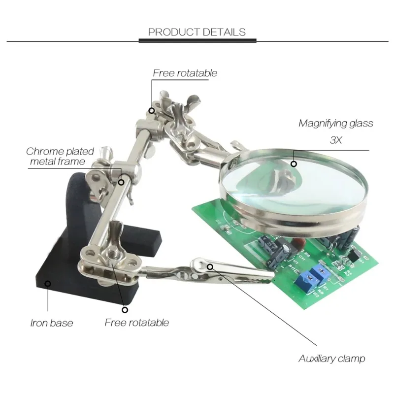 Magnifying Glass Third Hand Helping Hands Tool Adjustable Alligator Clips for Soldering and PCB Repair Work
Magnifying Glass Third Hand Helping Hands Tool Adjustable Alligator Clips for Soldering and PCB Repair Work