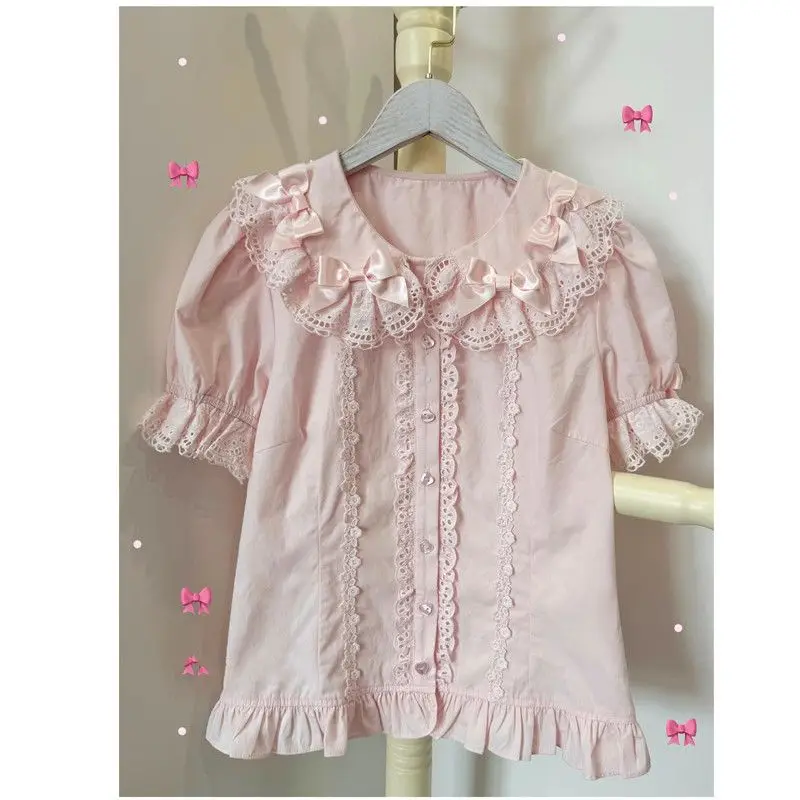 Summer Lolita Bow All Match Puff Sleeves Lace Peter Pan Collar Short Sleeved Shirt Japanese Cute Sweet Girl Camisas De Mujer
Summer Lolita Bow All Match Puff Sleeves Lace Peter Pan Collar Short Sleeved Shirt Japanese Cute Sweet Girl Camisas De Mujer