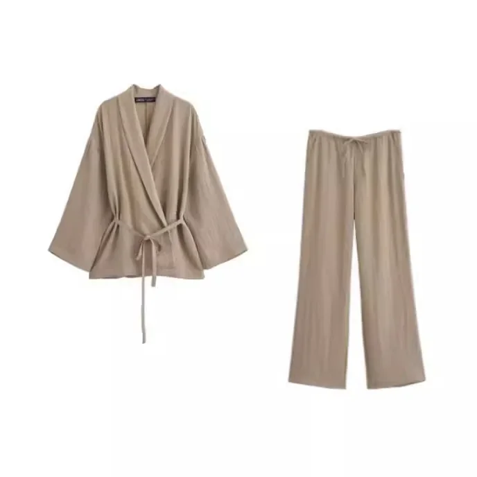 Pajama Style Solid Pants Shirts 2 Piece Sets Women Casual Lace-up Lapel Long Sleeves Tops Suits 2024 Loose Wide Leg Pants Outfit
Pajama Style Solid Pants Shirts 2 Piece Sets Women Casual Lace-up Lapel Long Sleeves Tops Suits 2024 Loose Wide Leg Pants Outfit