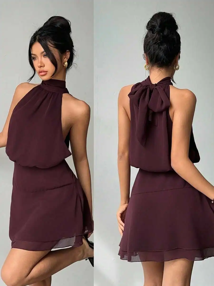 Womens Halter Neck Chiffon Mini Dress With Ruched Waist And Bow Back
Womens Halter Neck Chiffon Mini Dress With Ruched Waist And Bow Back