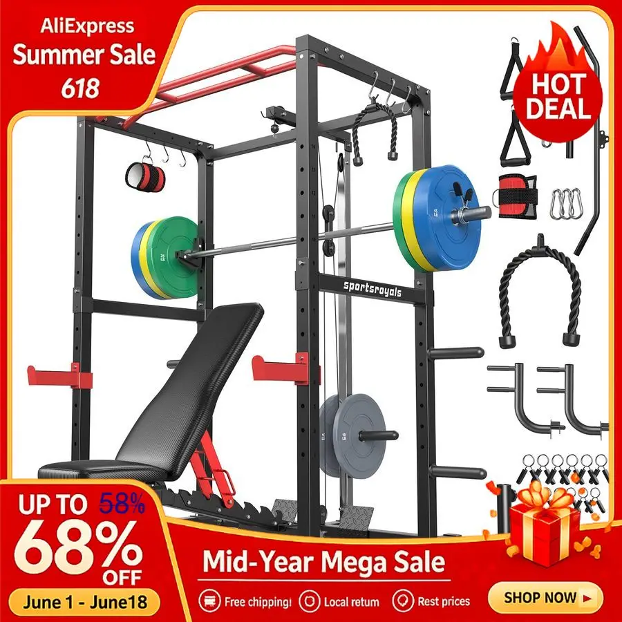 Squat Rack, LAT Power Cage, Power Rack MultiFunction with Pulley System and Training Attachments for Home Gym , Custom