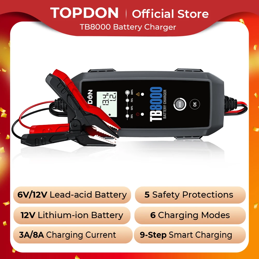 TOPDON TB8000 6v 12v 5a 6a 8a 3a Motorcycle Automobile Smart Lithuim Gel Car Battery Charger
TOPDON TB8000 6v 12v 5a 6a 8a 3a Motorcycle Automobile Smart Lithuim Gel Car Battery Charger