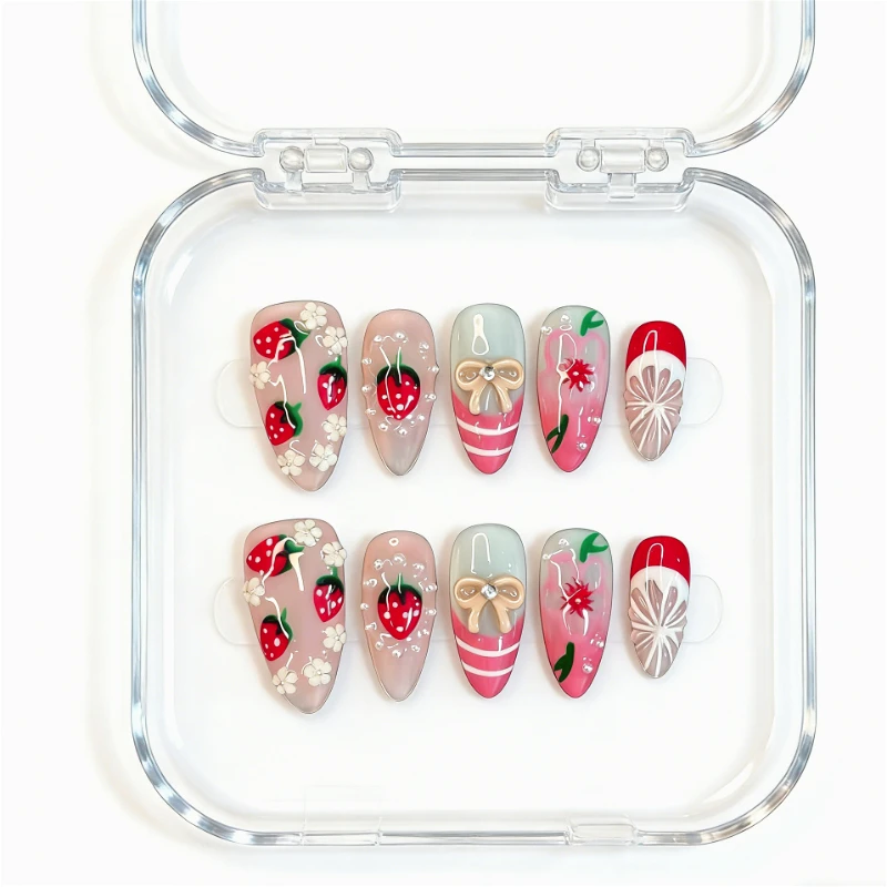 10 шт. накладных ногтей «Миндаль» с декором «Сладкая клубника», 3D-цветами и бантиками, многоразовые, милые, для повседневного ношения и свиданий
10 шт. накладных ногтей «Миндаль» с декором «Сладкая клубника», 3D-цветами и бантиками, многоразовые, милые, для повседневного ношения и свиданий