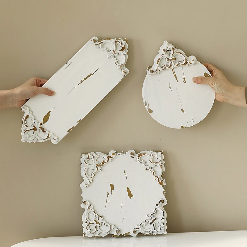 Antique White Decorative Wooden Serving Trays with Embossed Rims Cake Snack Tray Wedding Decoration Display Tray 
Antique White Decorative Wooden Serving Trays with Embossed Rims Cake Snack Tray Wedding Decoration Display Tray