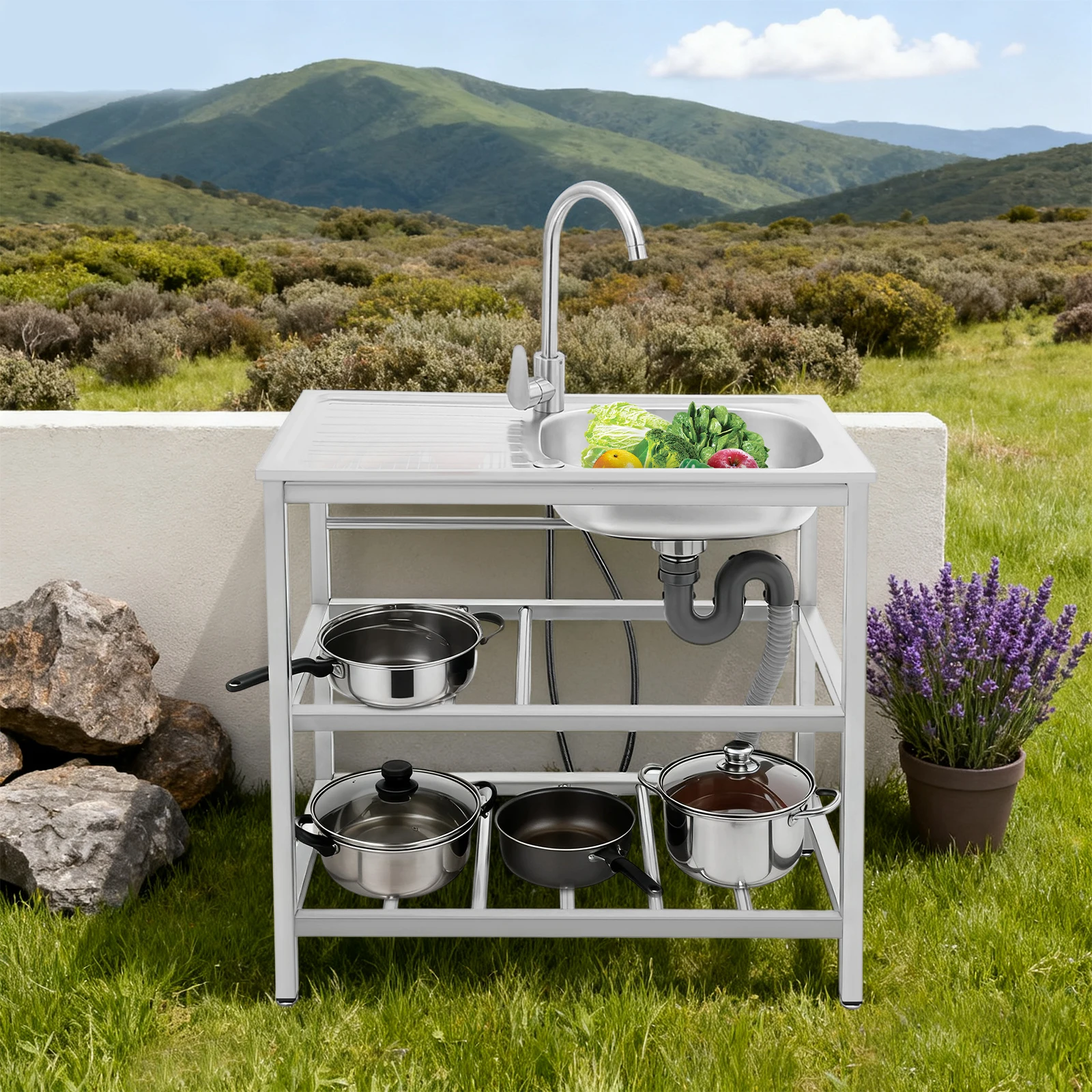 Freestanding Rust Resistant Outdoor Kitchen Sink 360° Rotatable Hot Cold Faucet Adjustable Stable Feet Double-tier Storage Rack Integrated Washing Station Sturdy Structure Ideal for Garden Patio Backyard Camping Outdoor Cooking and Cleaning Work
Freestanding Rust Resistant Outdoor Kitchen Sink 360° Rotatable Hot Cold Faucet Adjustable Stable Feet Double-tier Storage Rack Integrated Washing Station Sturdy Structure Ideal for Garden Patio Backyard Camping Outdoor Cooking and Cleaning Work