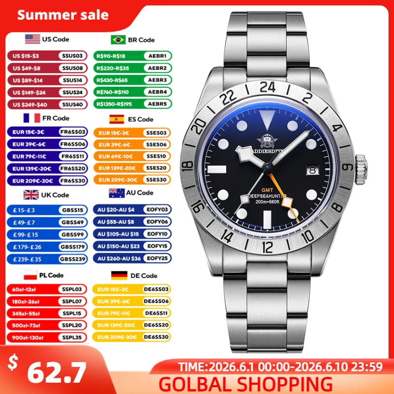 ADDIESDIVE Men Quartz Watch 515-24H Dual Time Zone GMT Watches 200m Waterproof BGW9 Luminous Bubble Glass 316L Steel Wristwatch
ADDIESDIVE Men Quartz Watch 515-24H Dual Time Zone GMT Watches 200m Waterproof BGW9 Luminous Bubble Glass 316L Steel Wristwatch